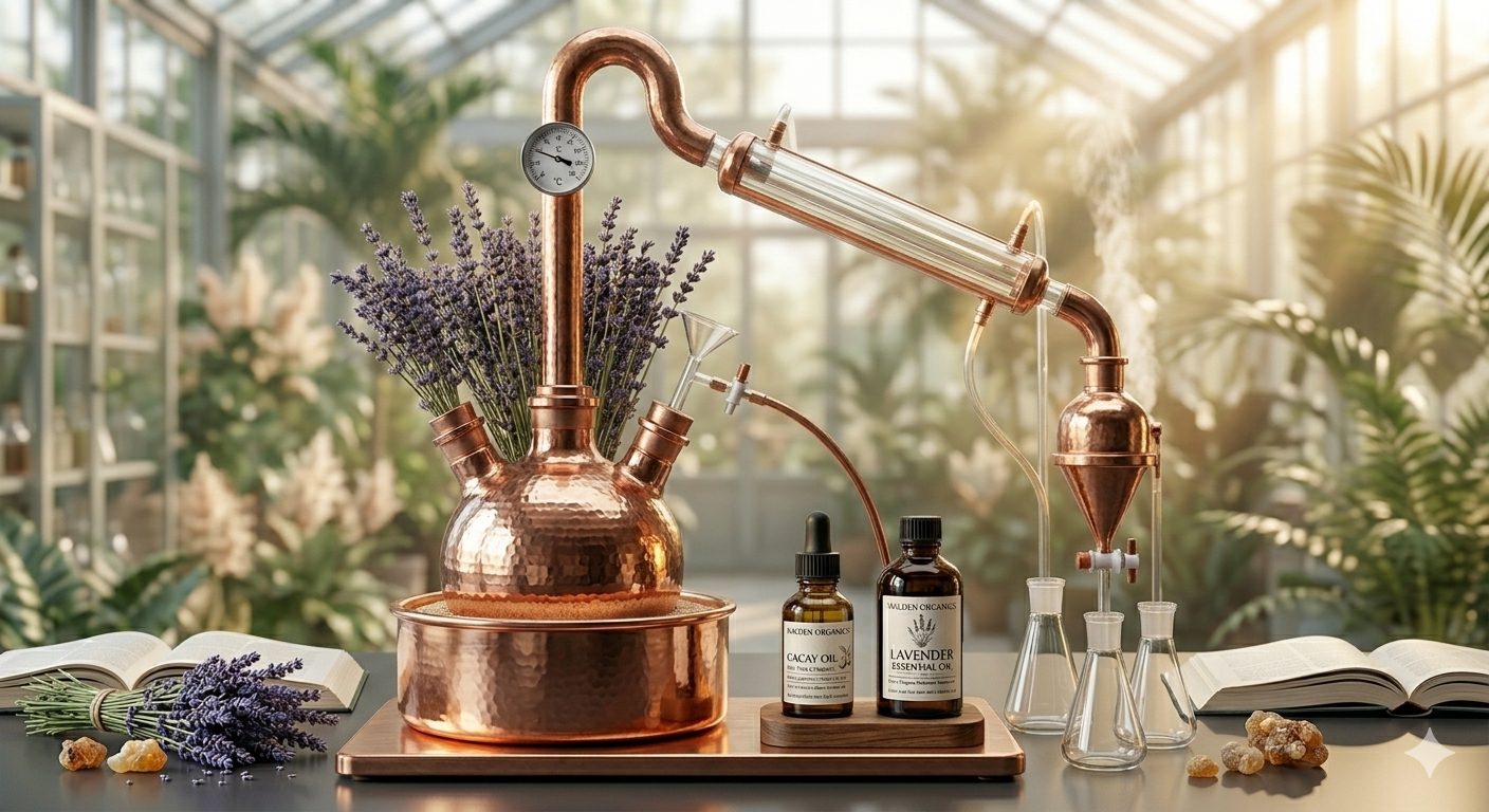 Copper distillation alembic with lavender and essential oils