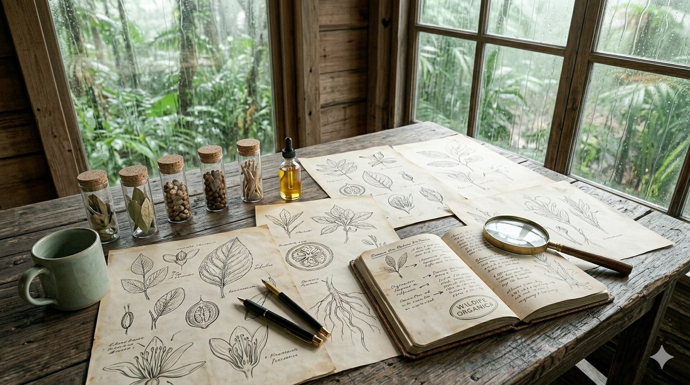 Botanical field notes desk — wooden cabin in the rain